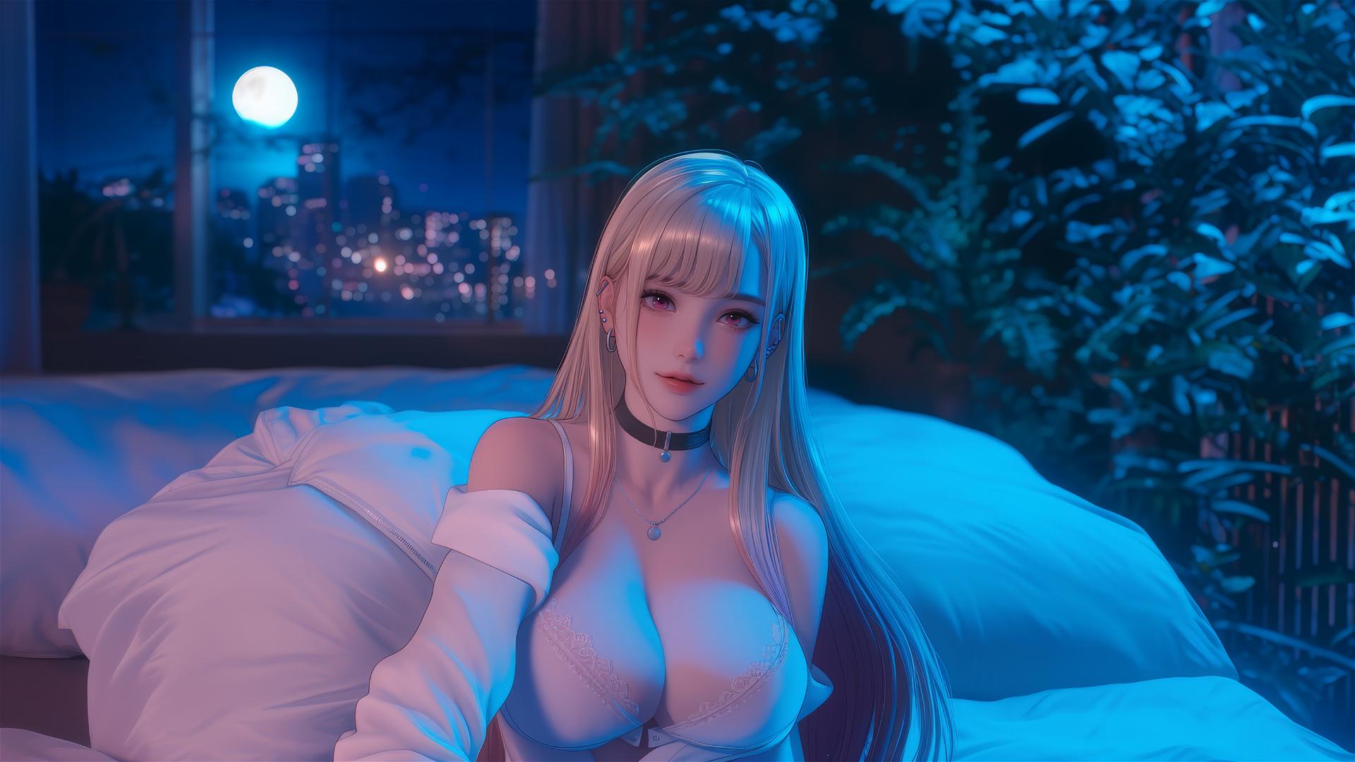 Marin Kitagawa with blonde hair tipped with pink or orange, sitting on hotel bed under moonlight.