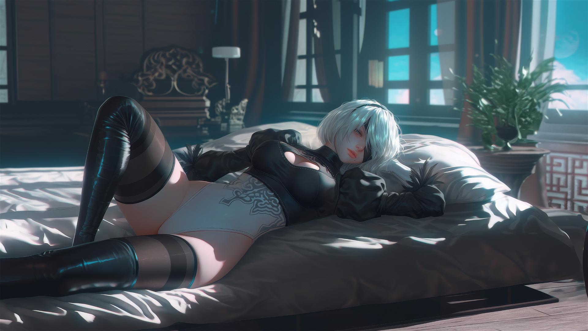 2B from Nier rests in a modern hotel room, illuminated by moonlight.