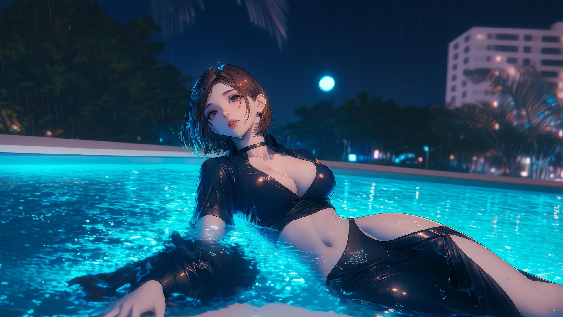 Nobara Kugisaki relaxing by rainy pool under moonlight with short brown hair