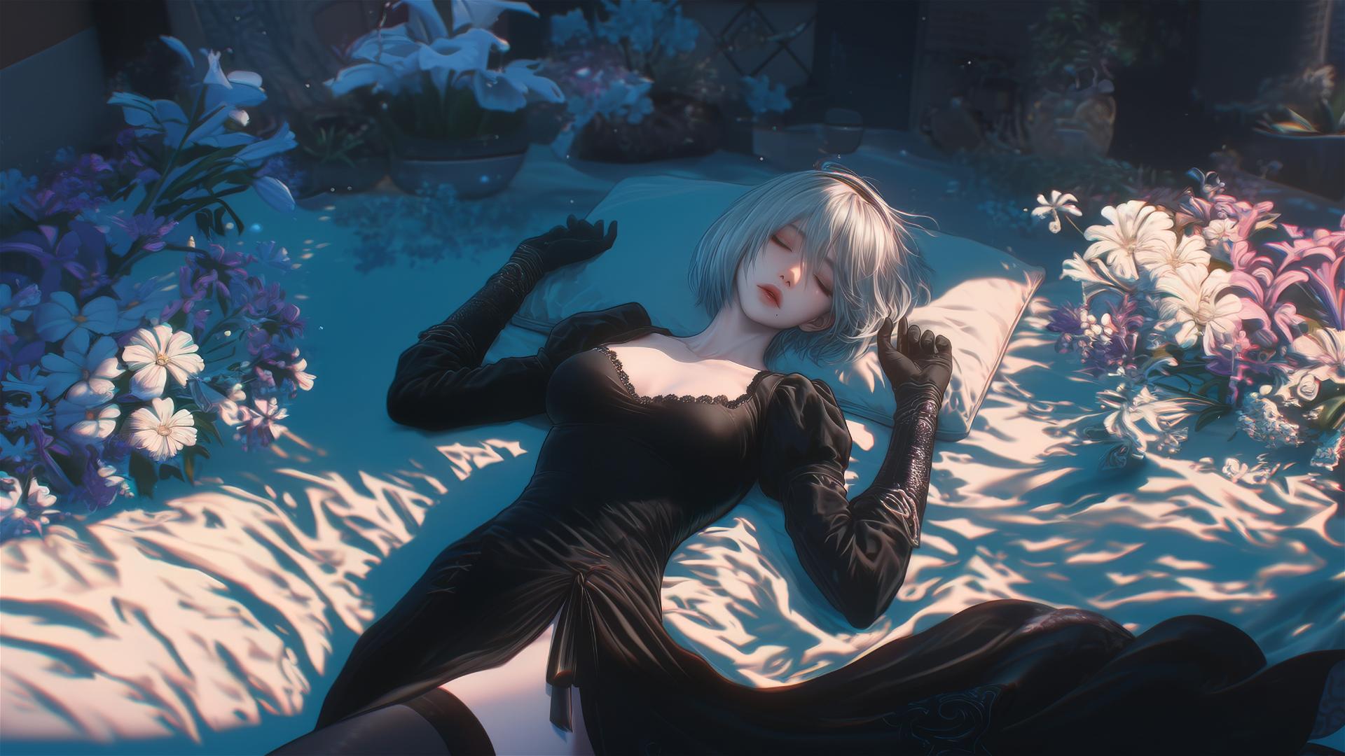 High angle view of 2B from Nier, resting in bed with short hair.