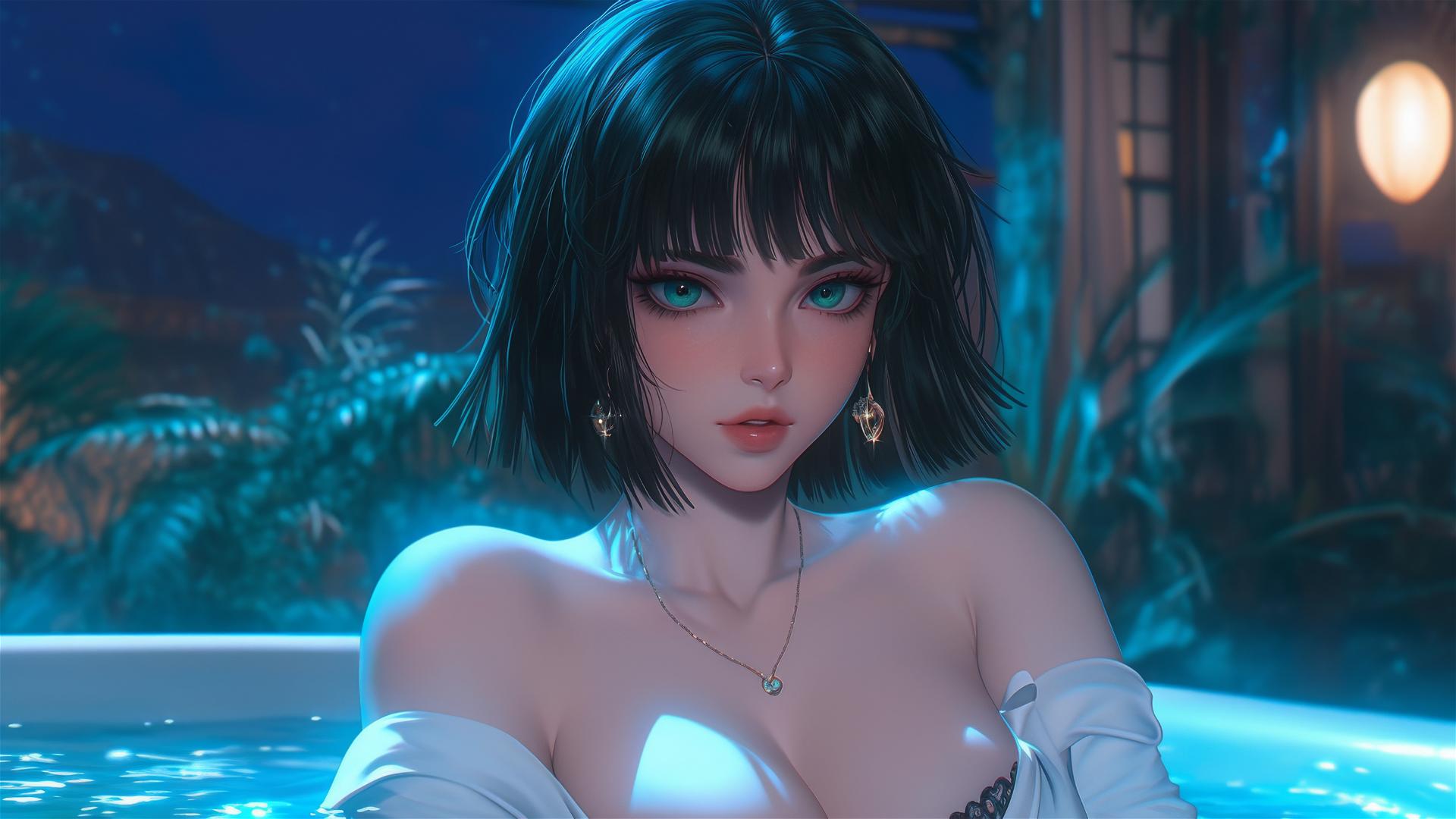 Fubuki in tub under moonlight, dark green bob, light green eyes
