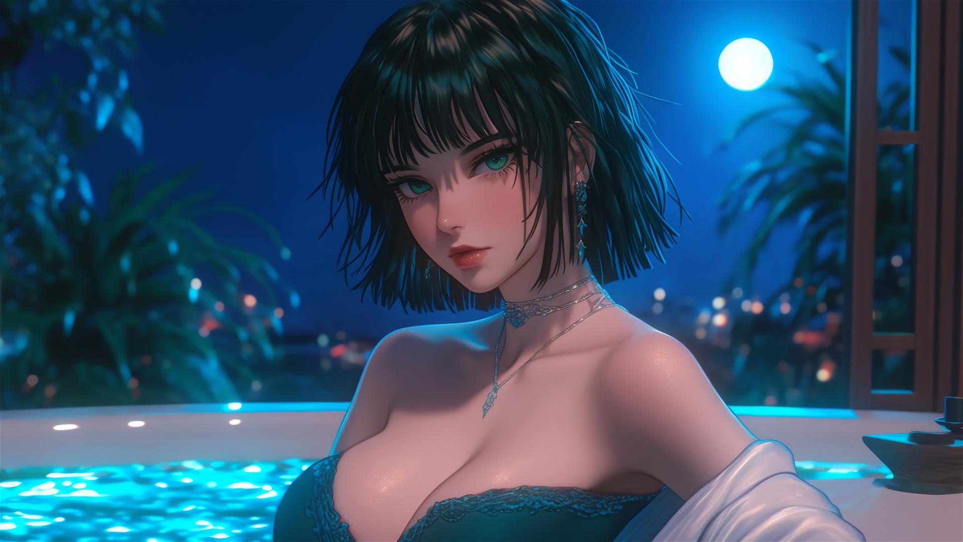 Fubuki rests in a tub under moonlit glow, with bobbed dark green hair.