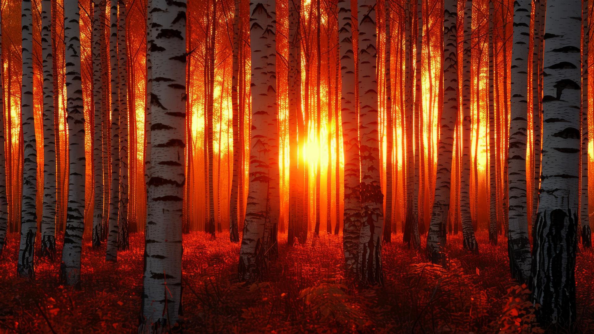 Autumn forest with hidden creatures and stars at sunset