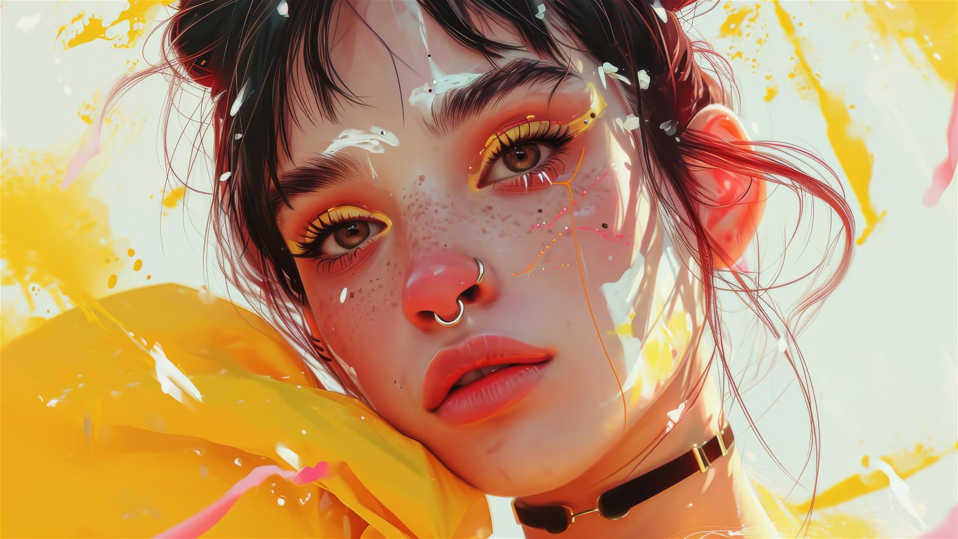 Kawaii tattoo-style young woman in yellow and white