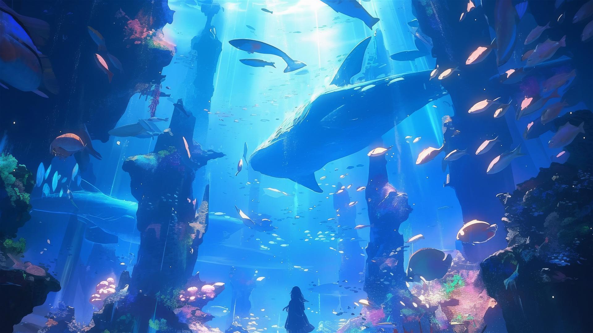 Fantasy islands with underwater sections in bright, dreamlike setting.