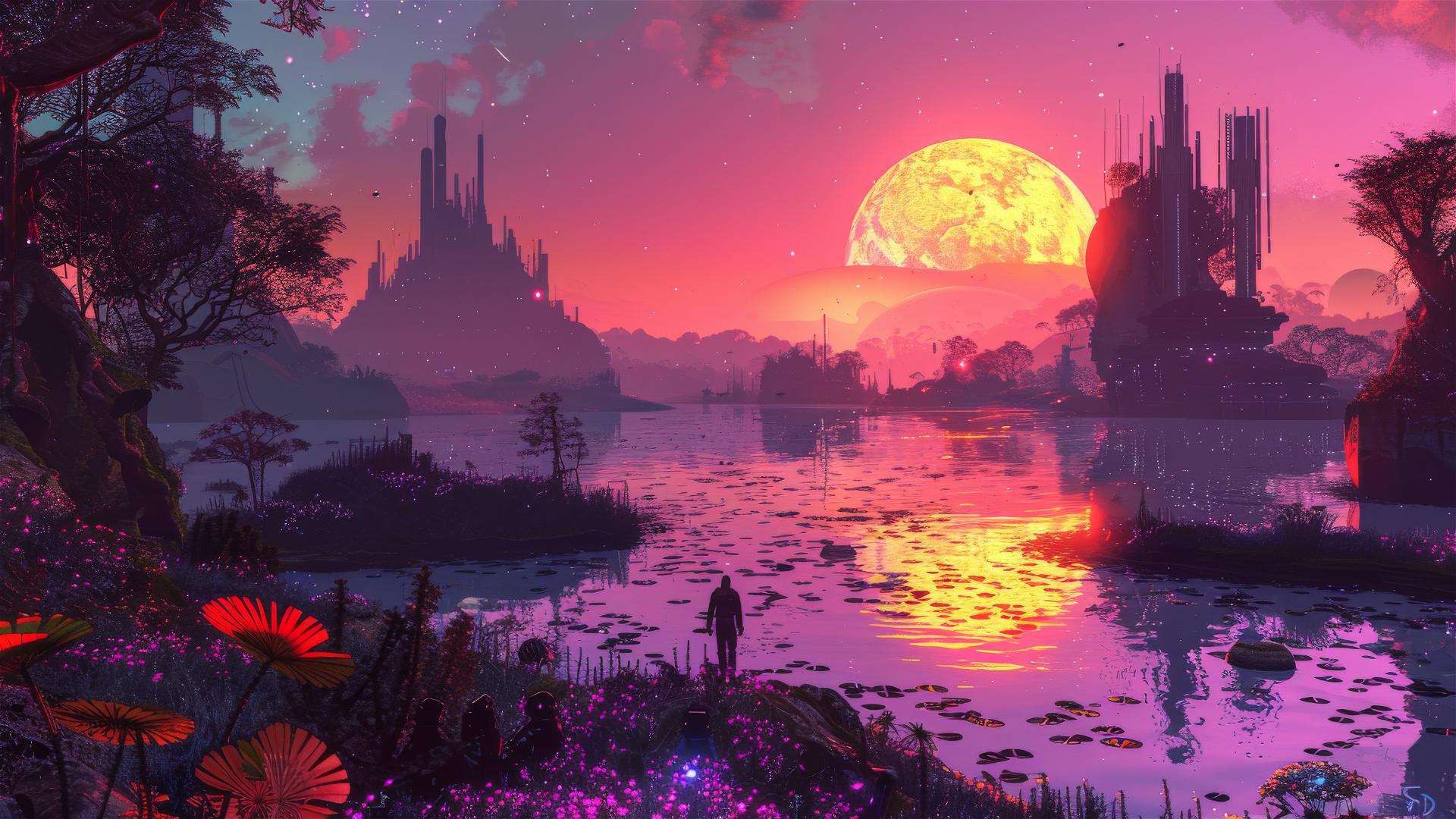 Silhouette on colorful utopian planet with advanced aliens.