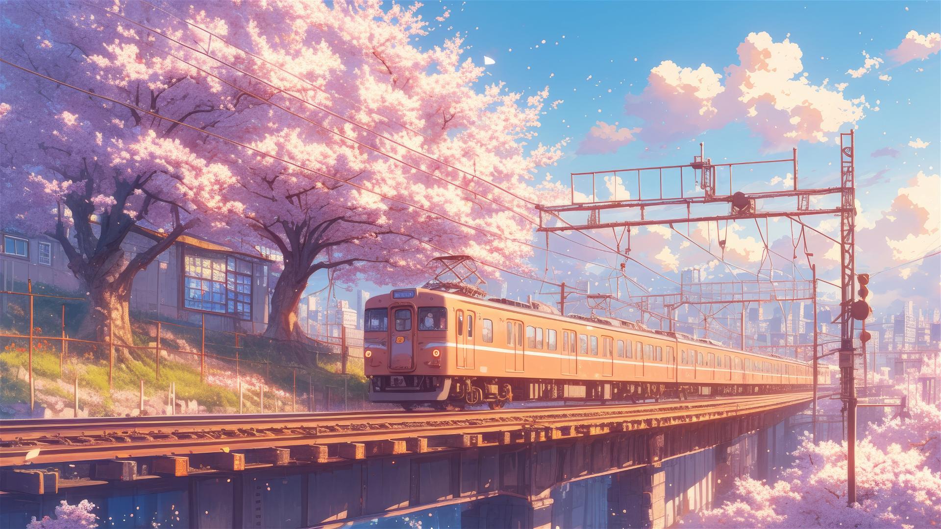 Long train in urban setting with blooming peach blossoms and soft spring light