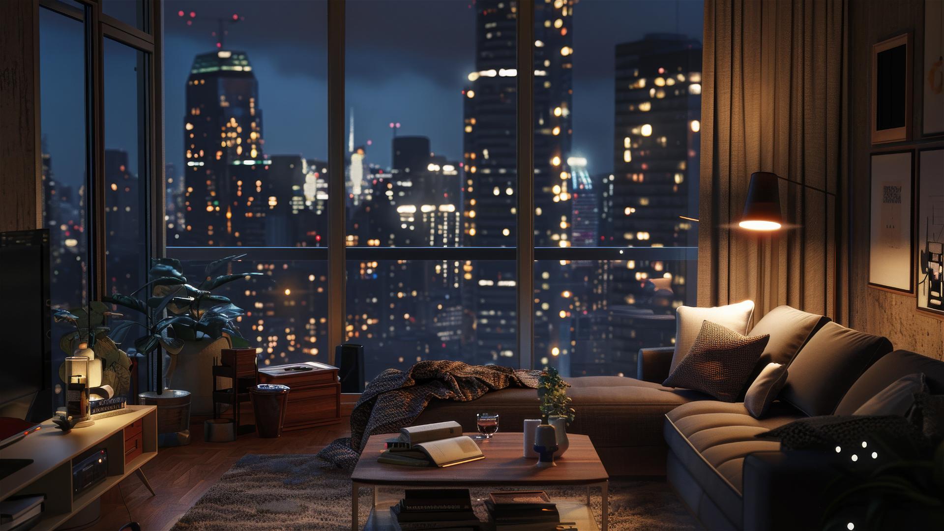 Cozy living room, dim lights, city view through window