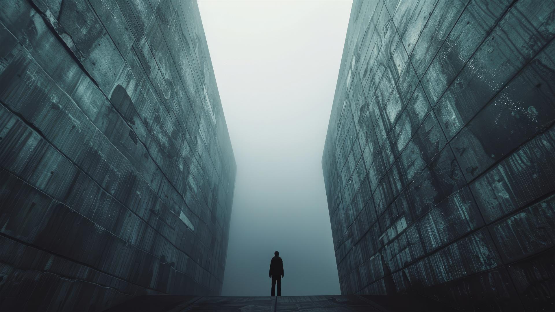 Vast brutalist concrete wall with a tiny man, dramatic lighting, and mist.