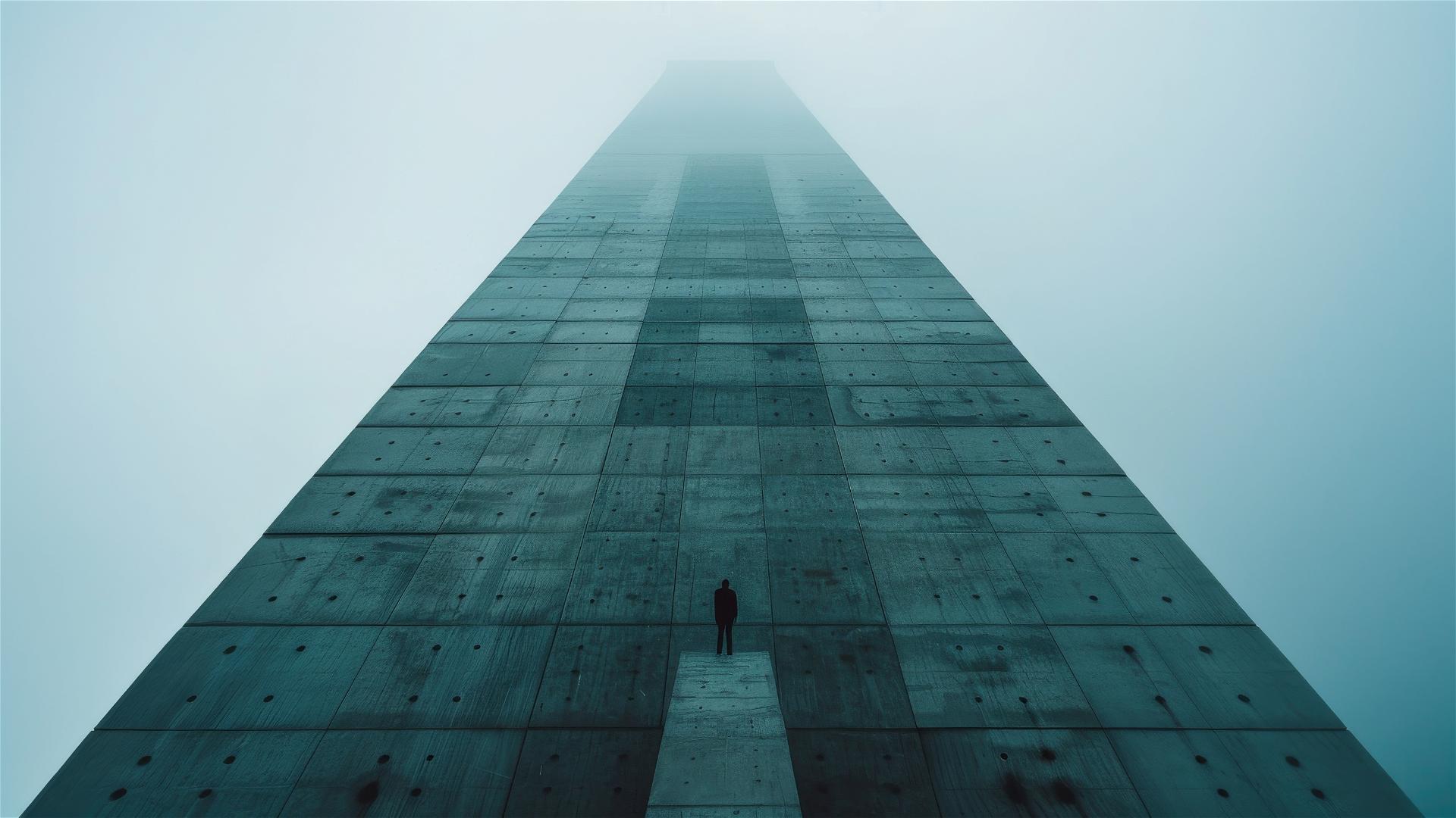 Vast brutalist concrete wall dwarfs man, with dramatic lighting and mist