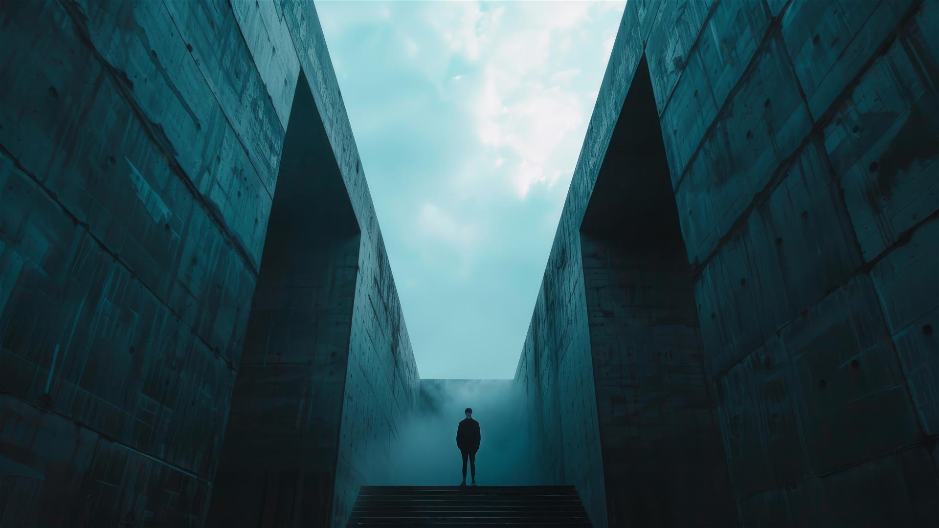 Vast brutalist concrete wall with a tiny man, dramatic lighting