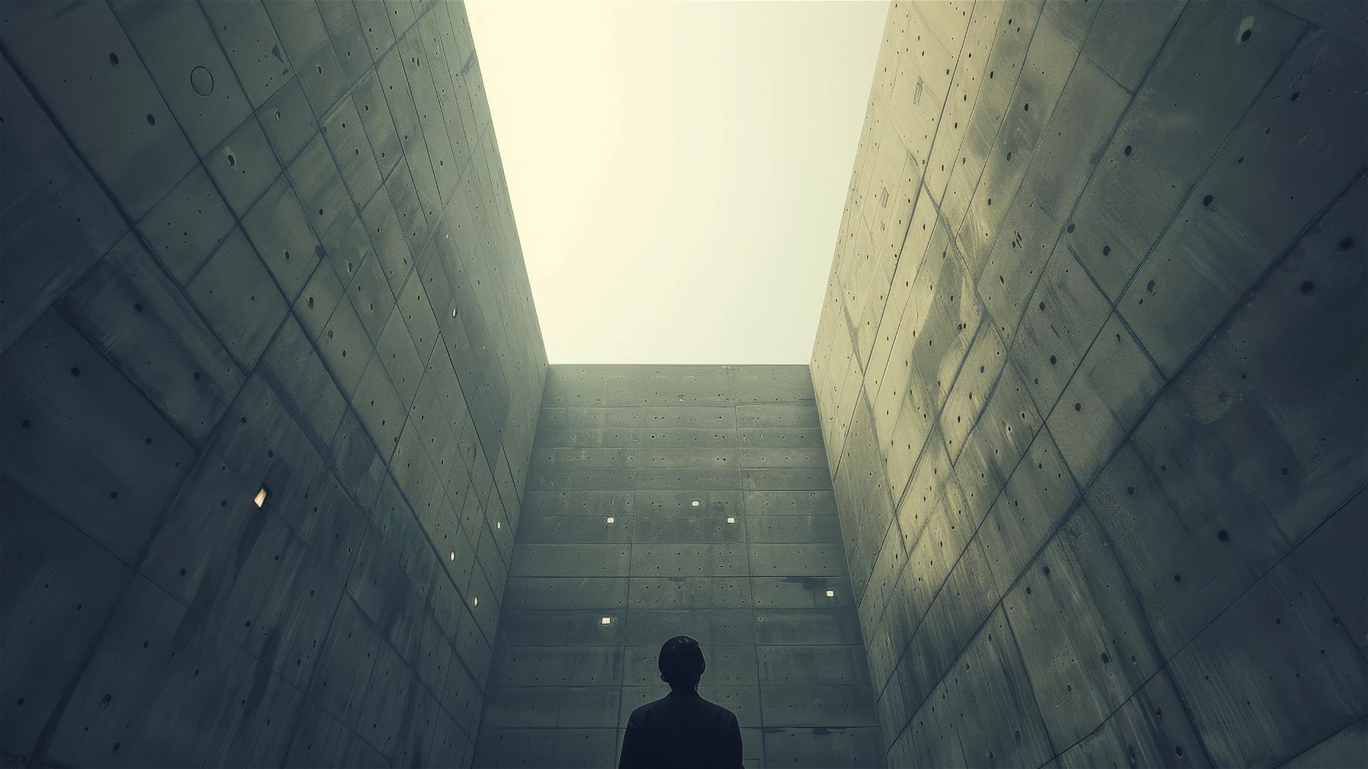 Vast brutalist concrete wall dwarfs a man, with dramatic lighting and mist.