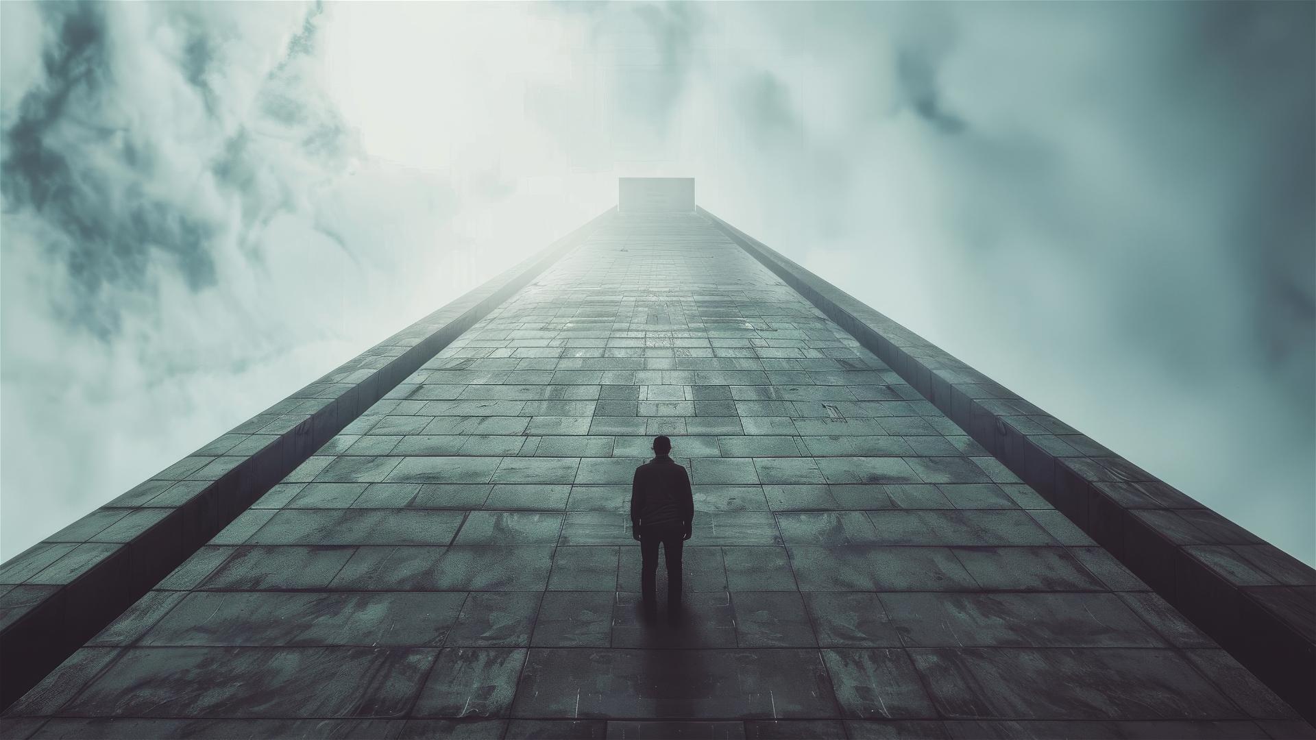 Man tiny against vast brutalist concrete wall, dramatic lighting