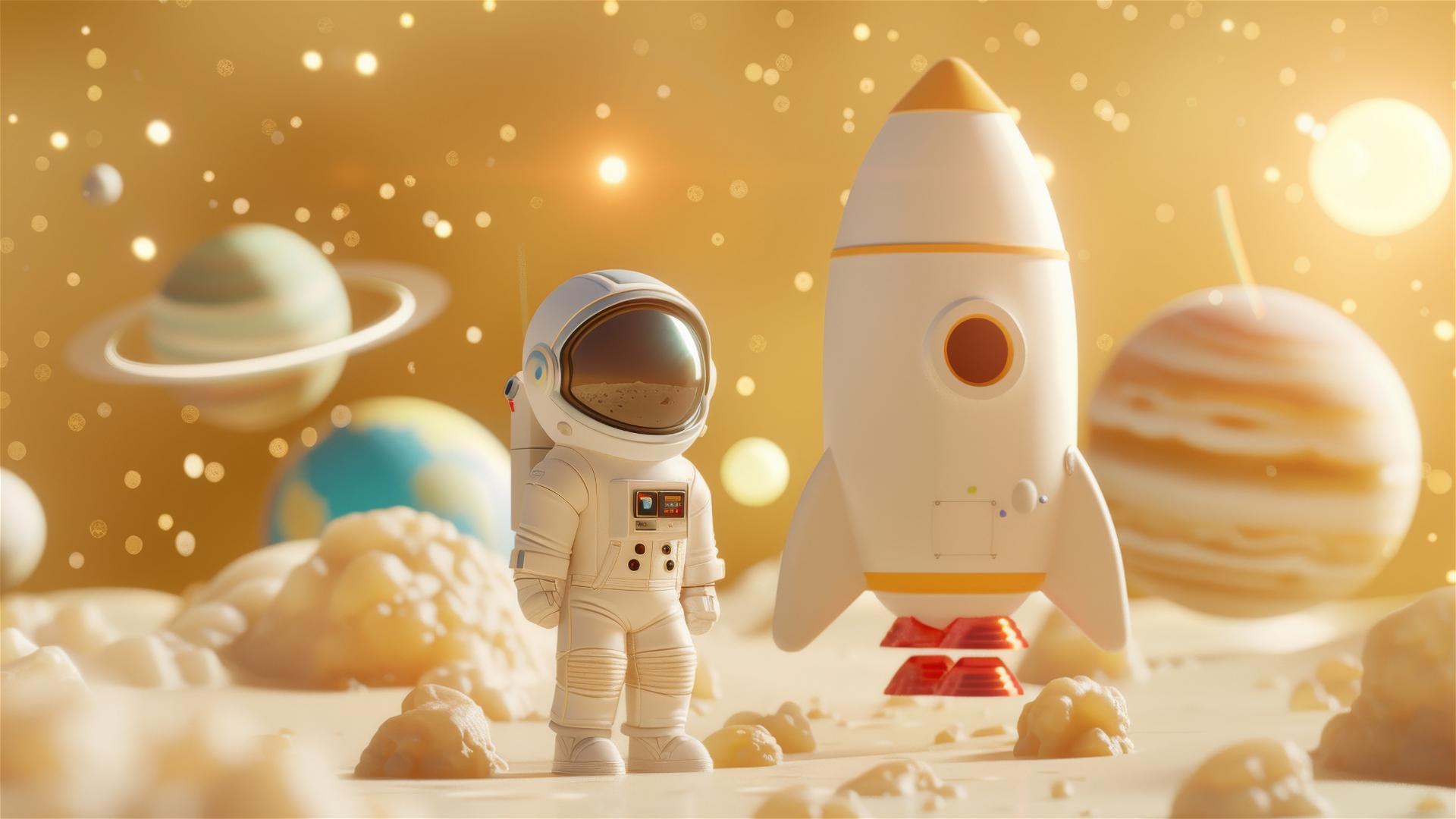 Cartoon astronaut next to rocket with planets, in chibi style