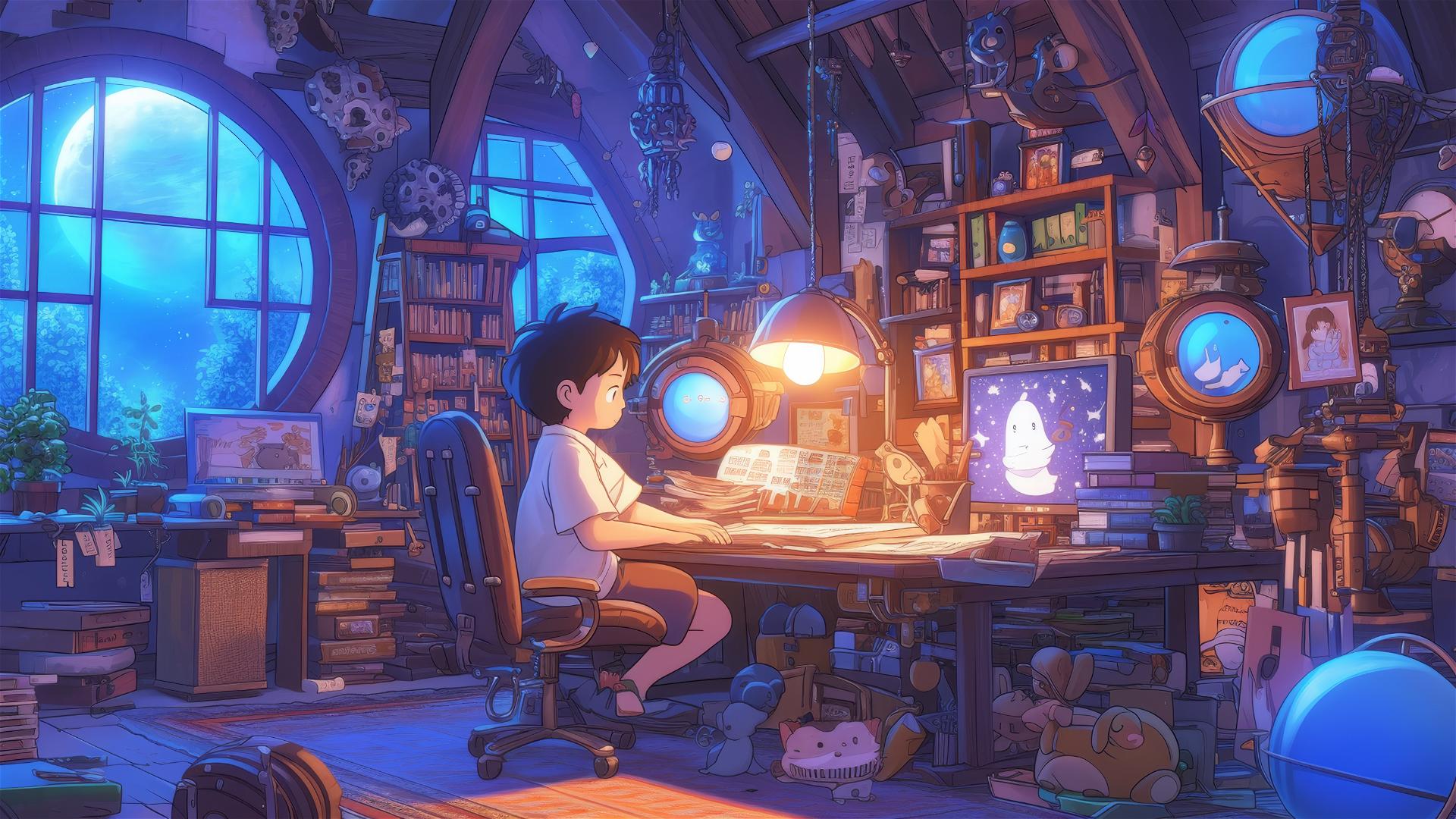 Ghibli-style scene of magic and technology coexisting.