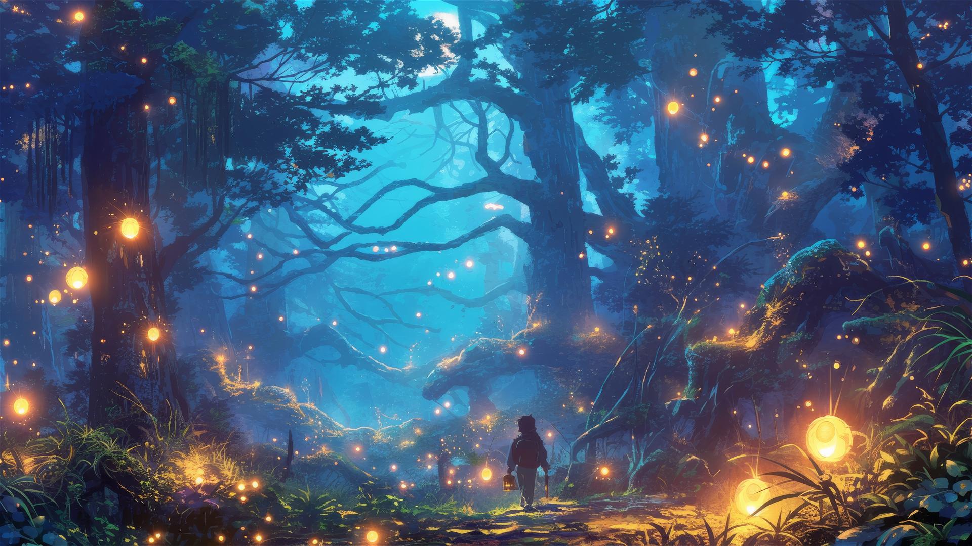 Enchanted forest at twilight, aglow with fireflies and spirits, Studio Ghibli style.
