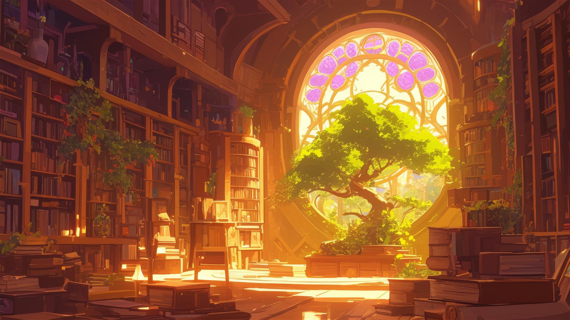 Ghibli-style ancient library with enchanted books in magical light.