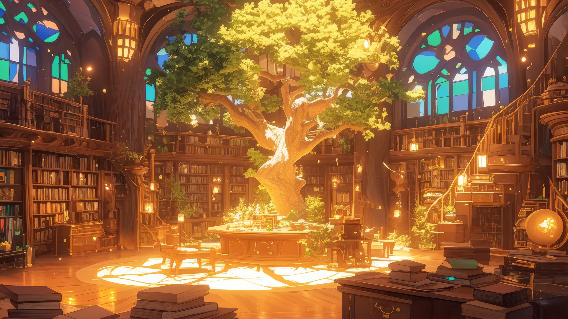 Ghibli-style library with enchanted books and artifacts in magical light.