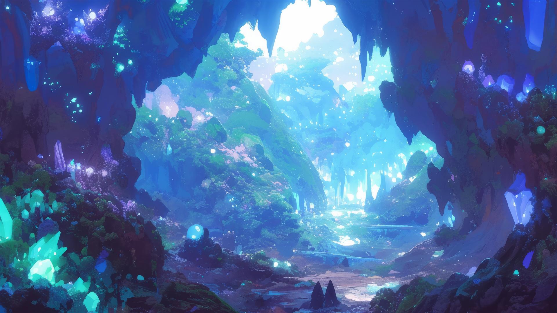 Ghibli-style cave with crystals and mushrooms