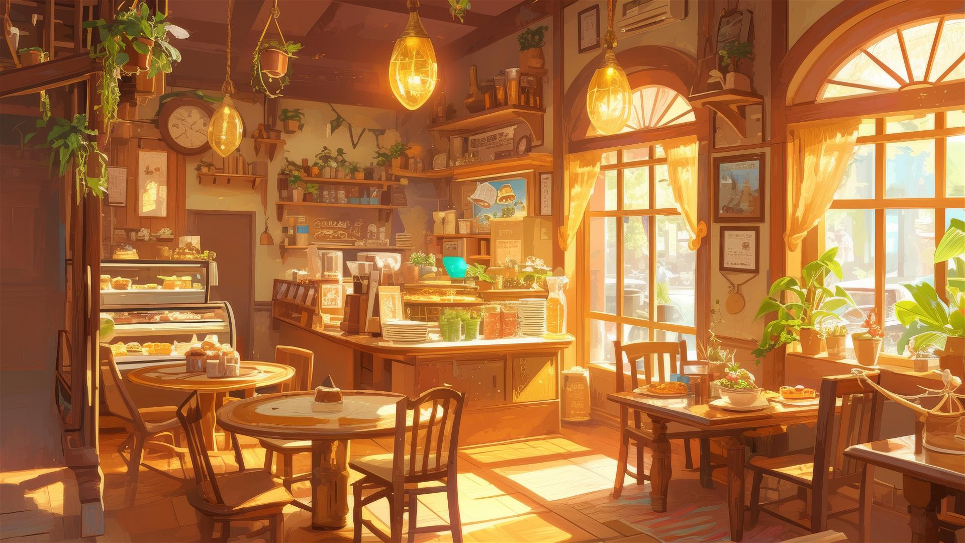 Anime café interior with Ghibli-style decor and magical pets.