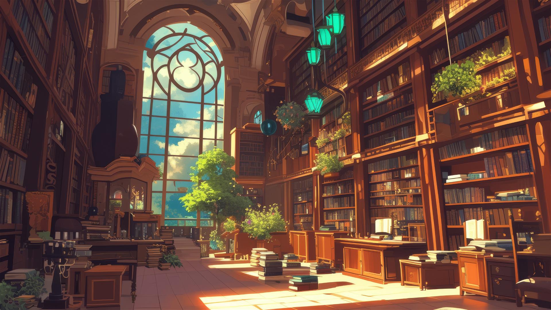Ghibli-style library with ancient books and magic