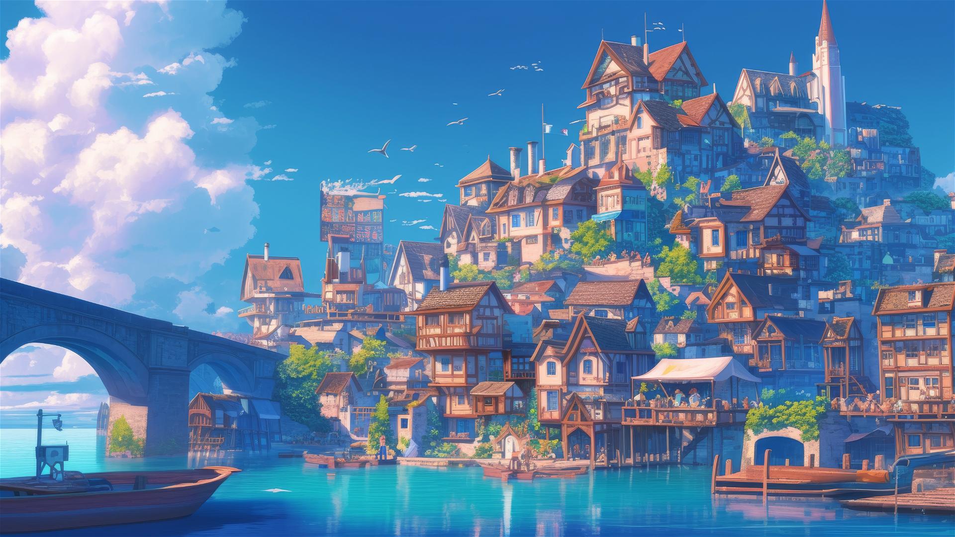 Ghibli-style anime seaside village at dawn with mystical sea