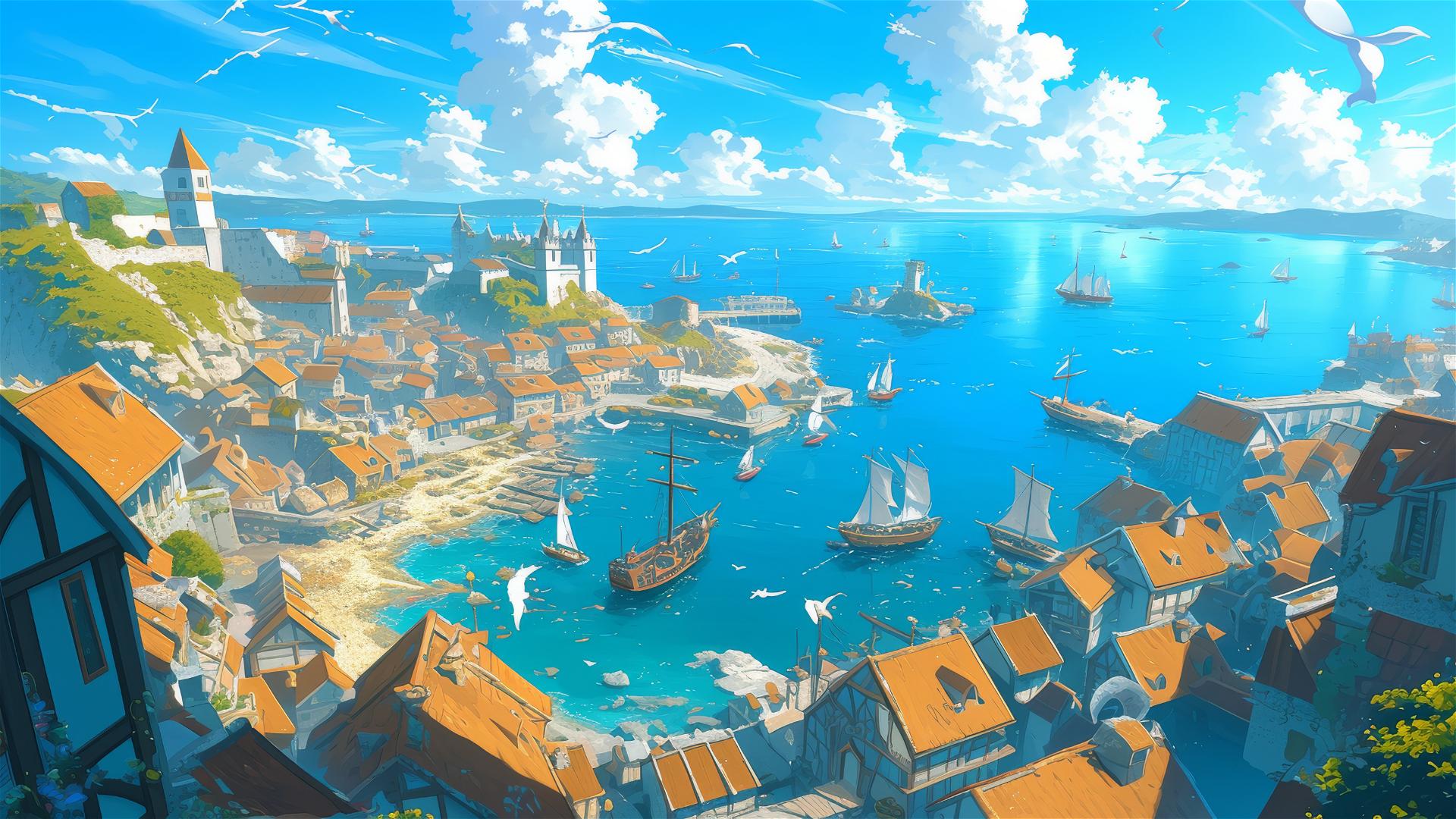 Ghibli-style anime seaside village at dawn with mystical sea