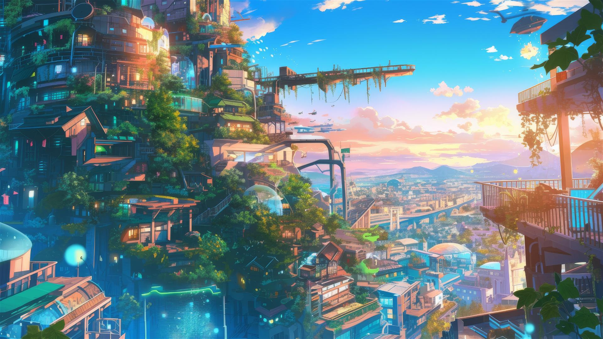 Anime cityscape with Ghibli magic, skyscrapers, hanging gardens, and mystical creatures at golden hour.