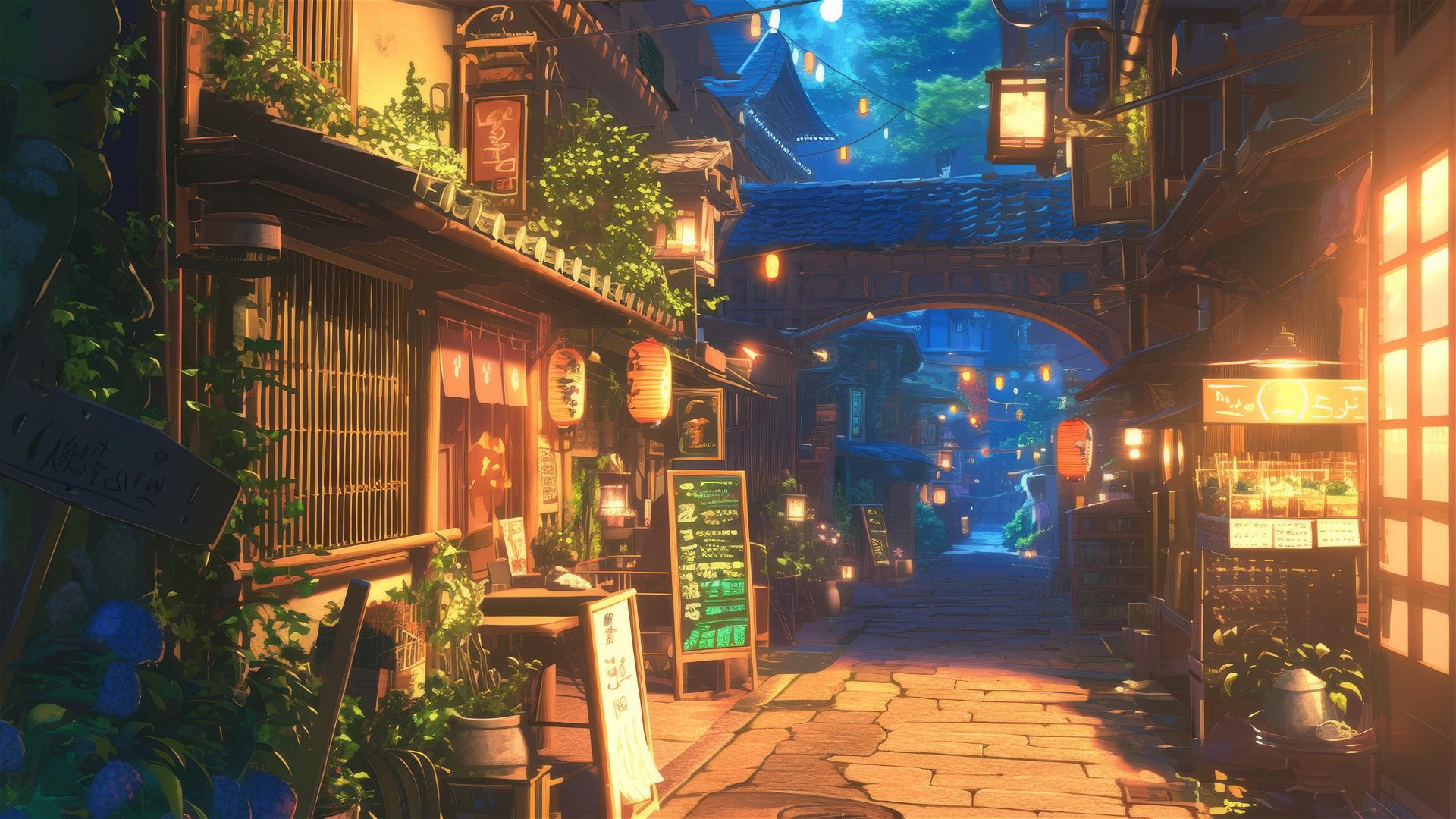 Ghibli-style anime alley with lanterns and magical eateries at night.