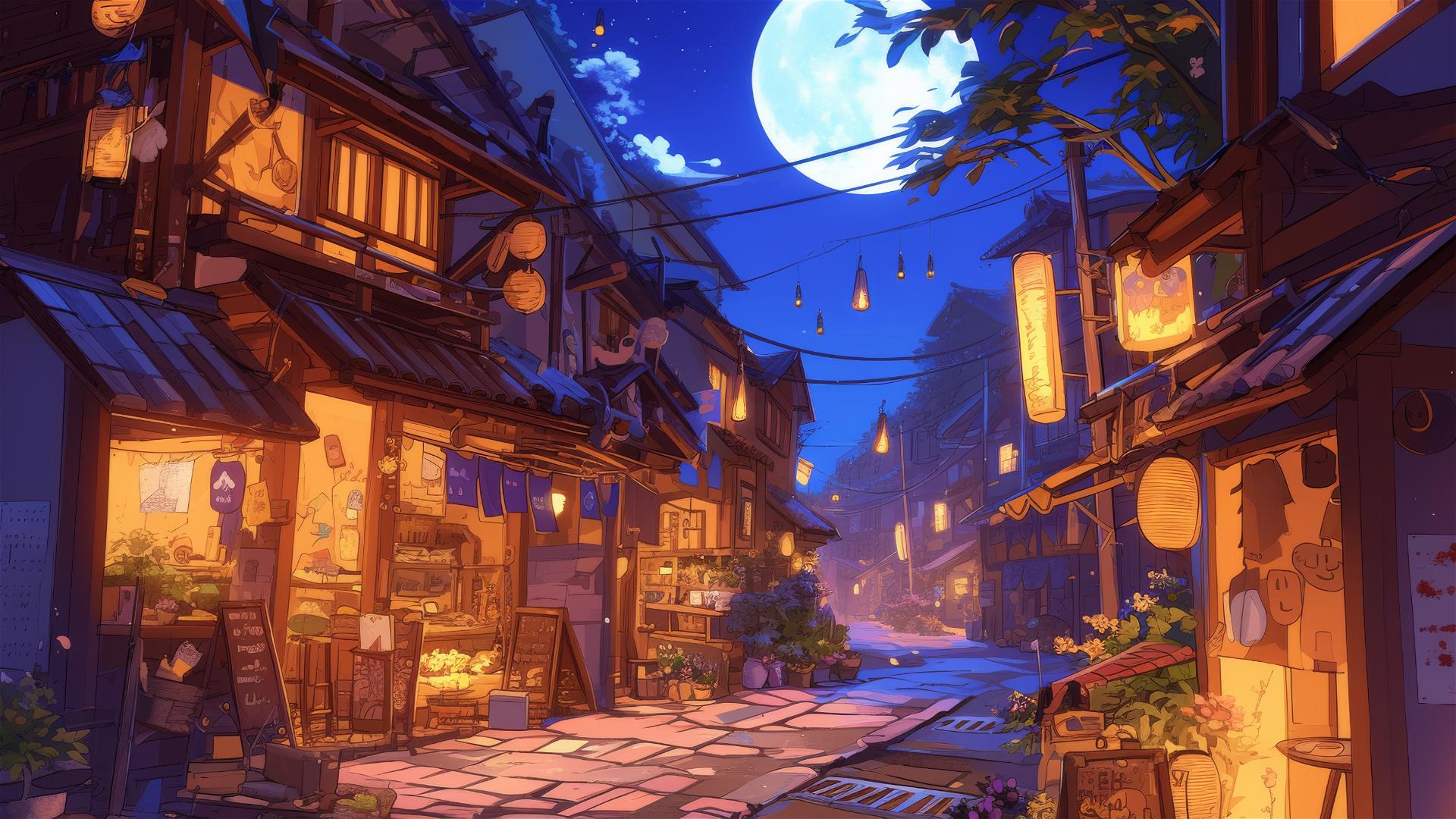 Ghibli-style alleyway at night with lanterns and magical dishes.