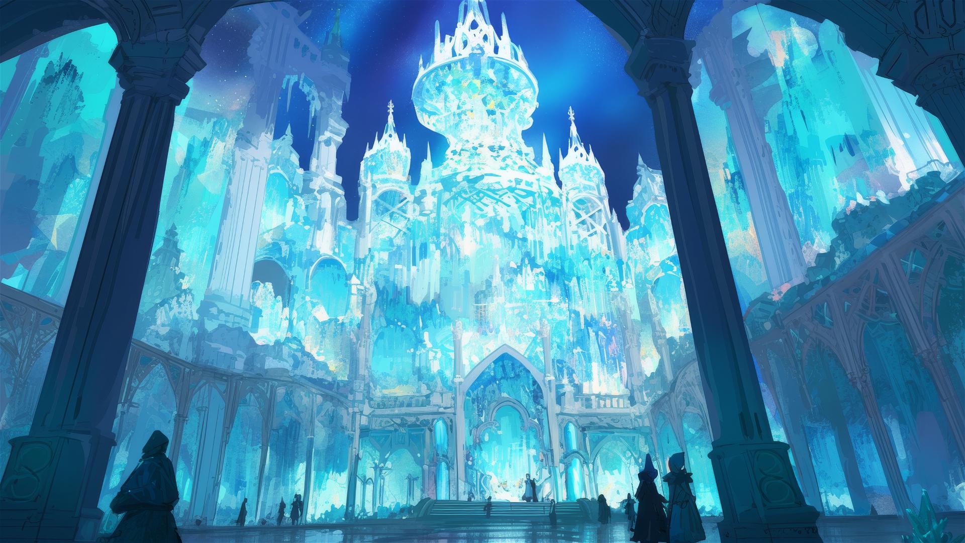 Ghibli-style ice palace with aurora and dancing spirits