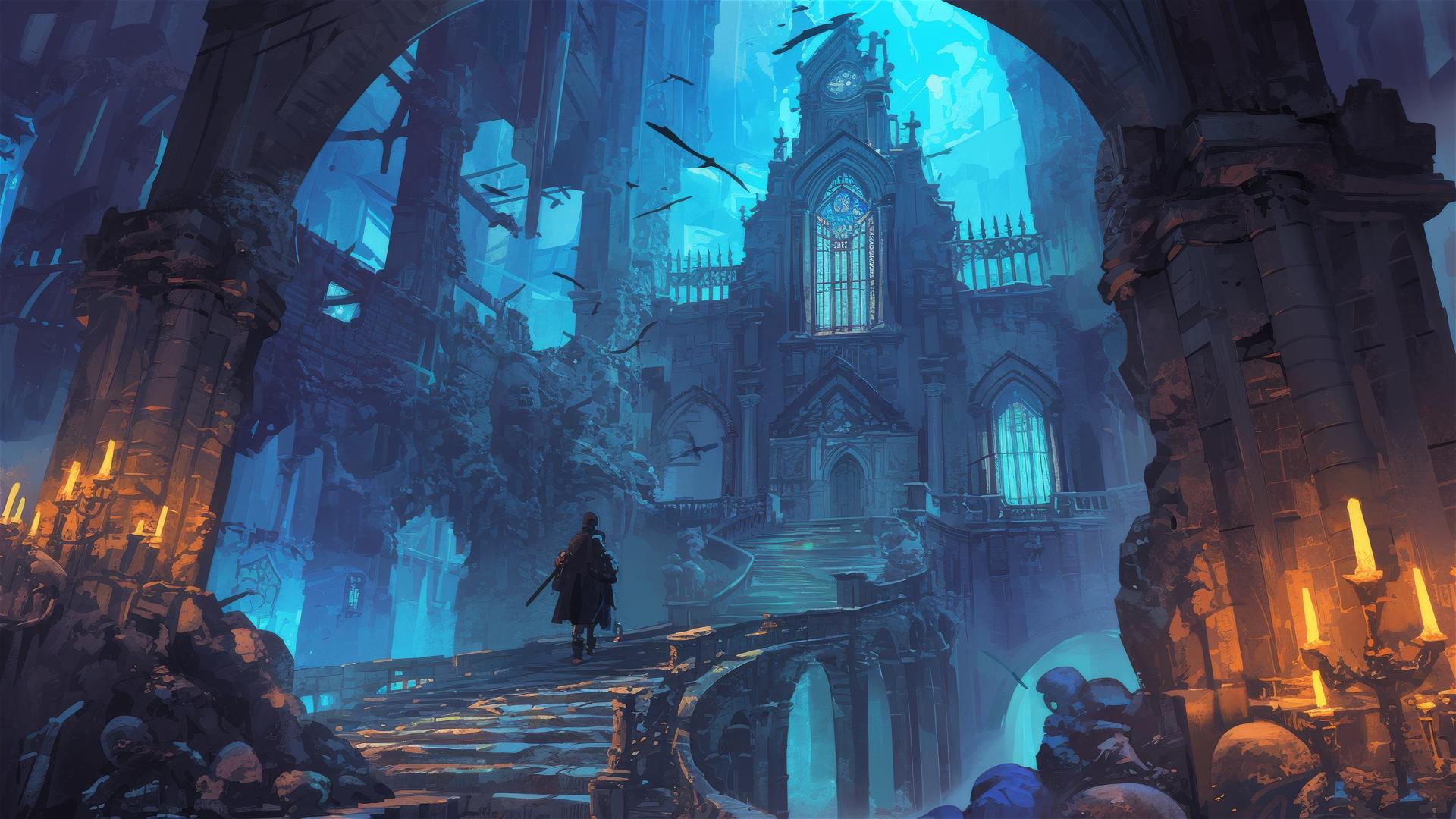 Ghibli-style anime castle in mist with torchlight