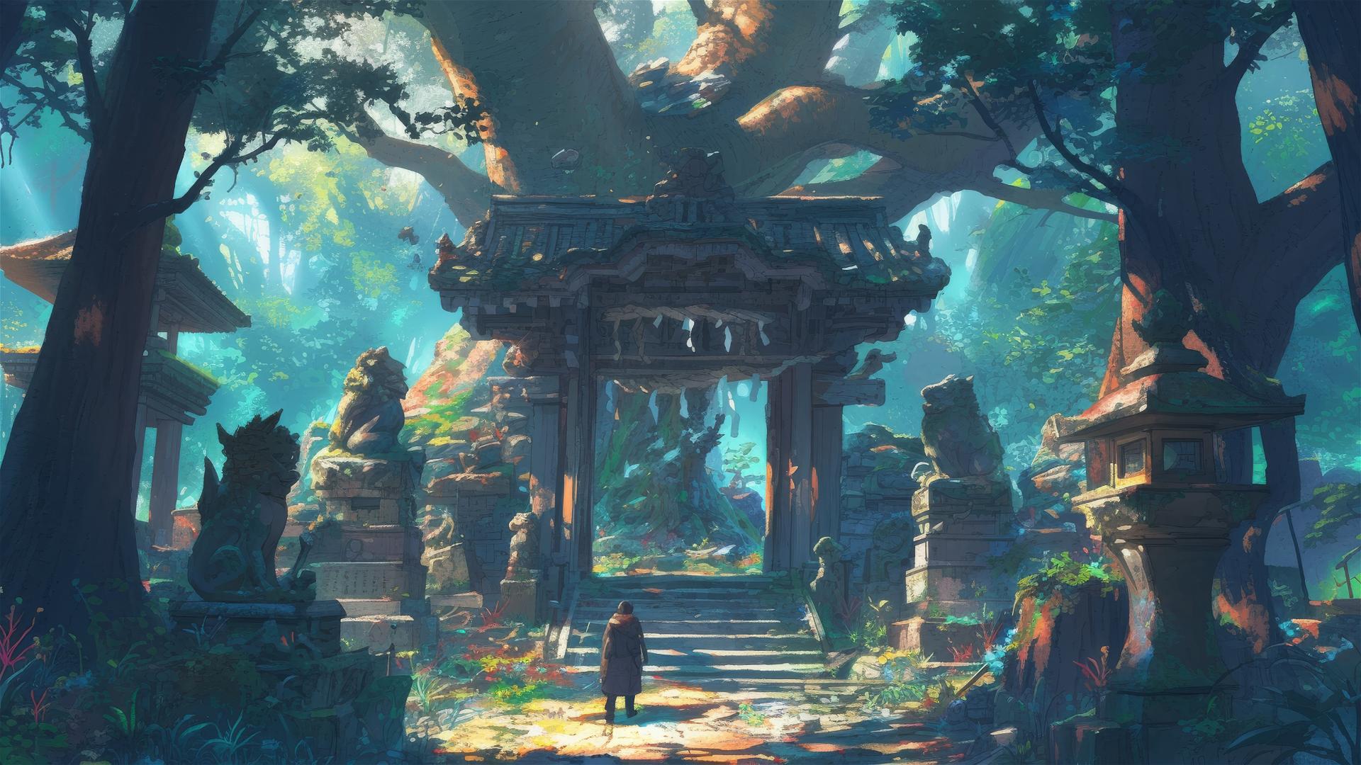 Anime Ghibli-style temple overtaken by nature, revealing secrets.