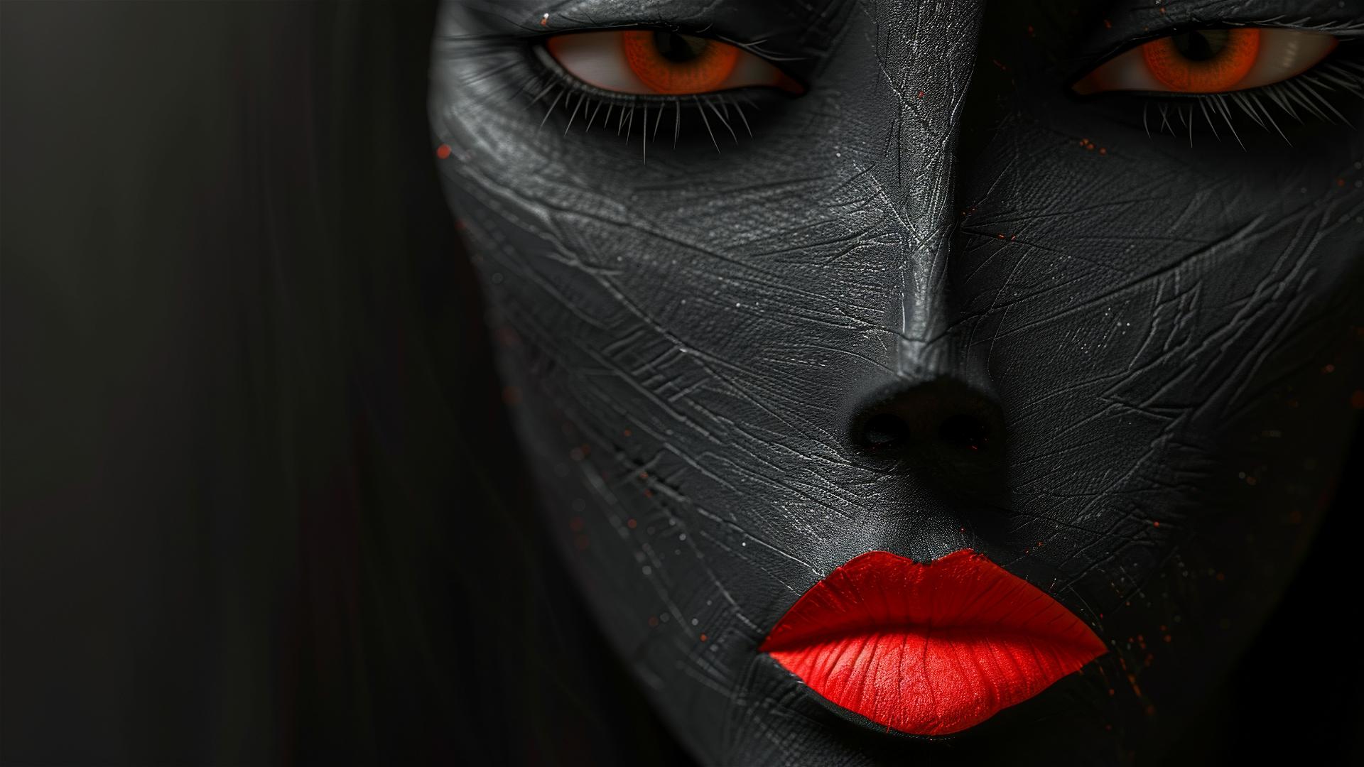 Cartoon mask with colorful eyes, red lip, minimalist black and red background.