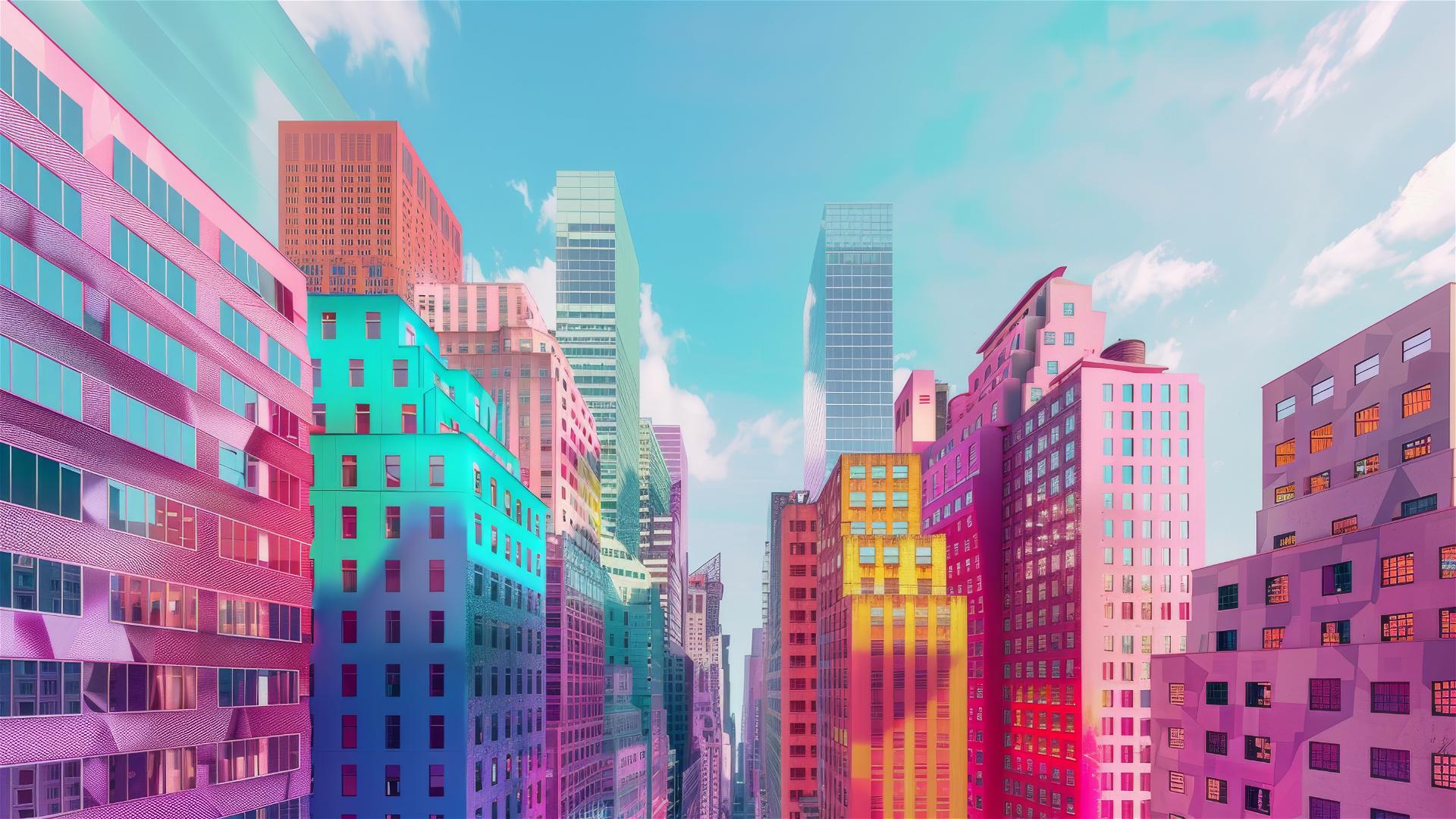 Neonpunk NYC buildings with environmental themes.