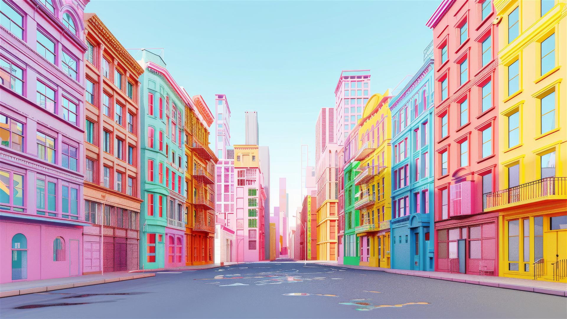 Neonpunk NYC buildings with environmental themes.