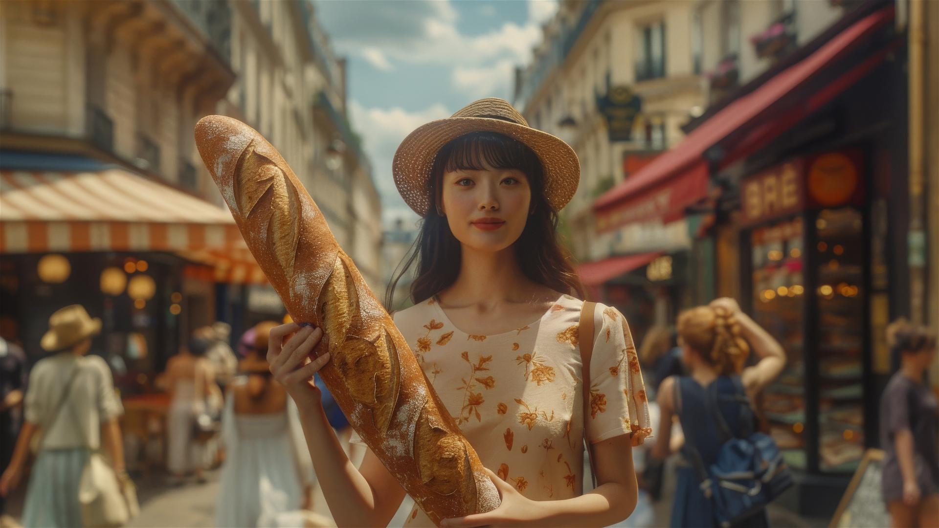 Woman in Paris with a 3m baguette, summer 2023