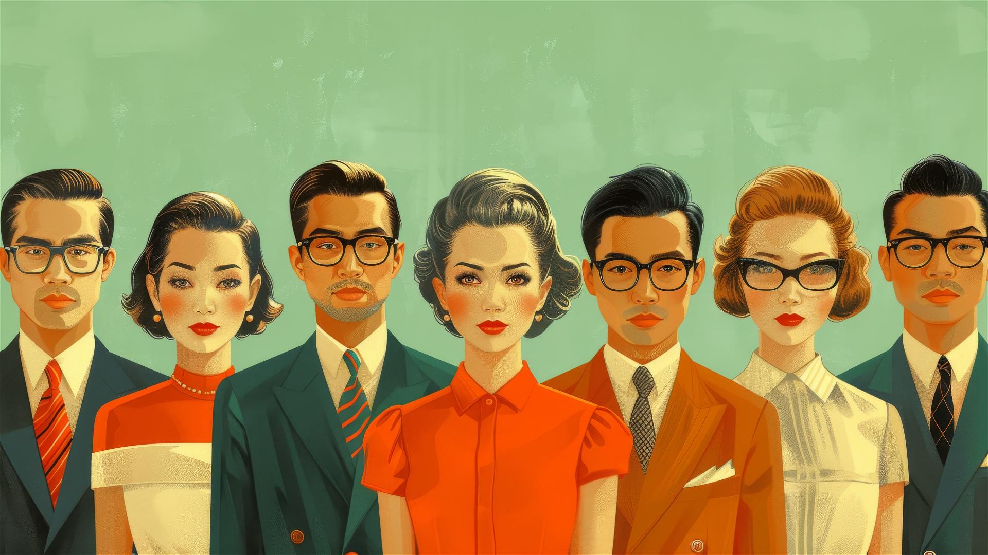 Diverse business group in 1950s travel poster style illustration