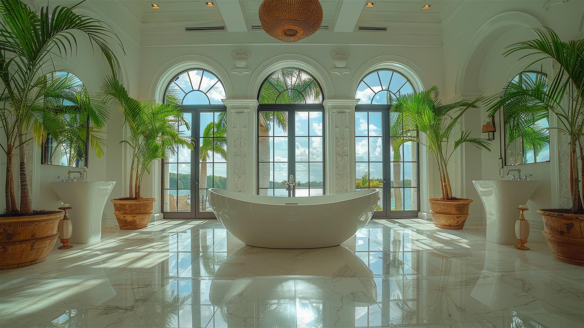White mansion bathroom, black windows, palm trees.