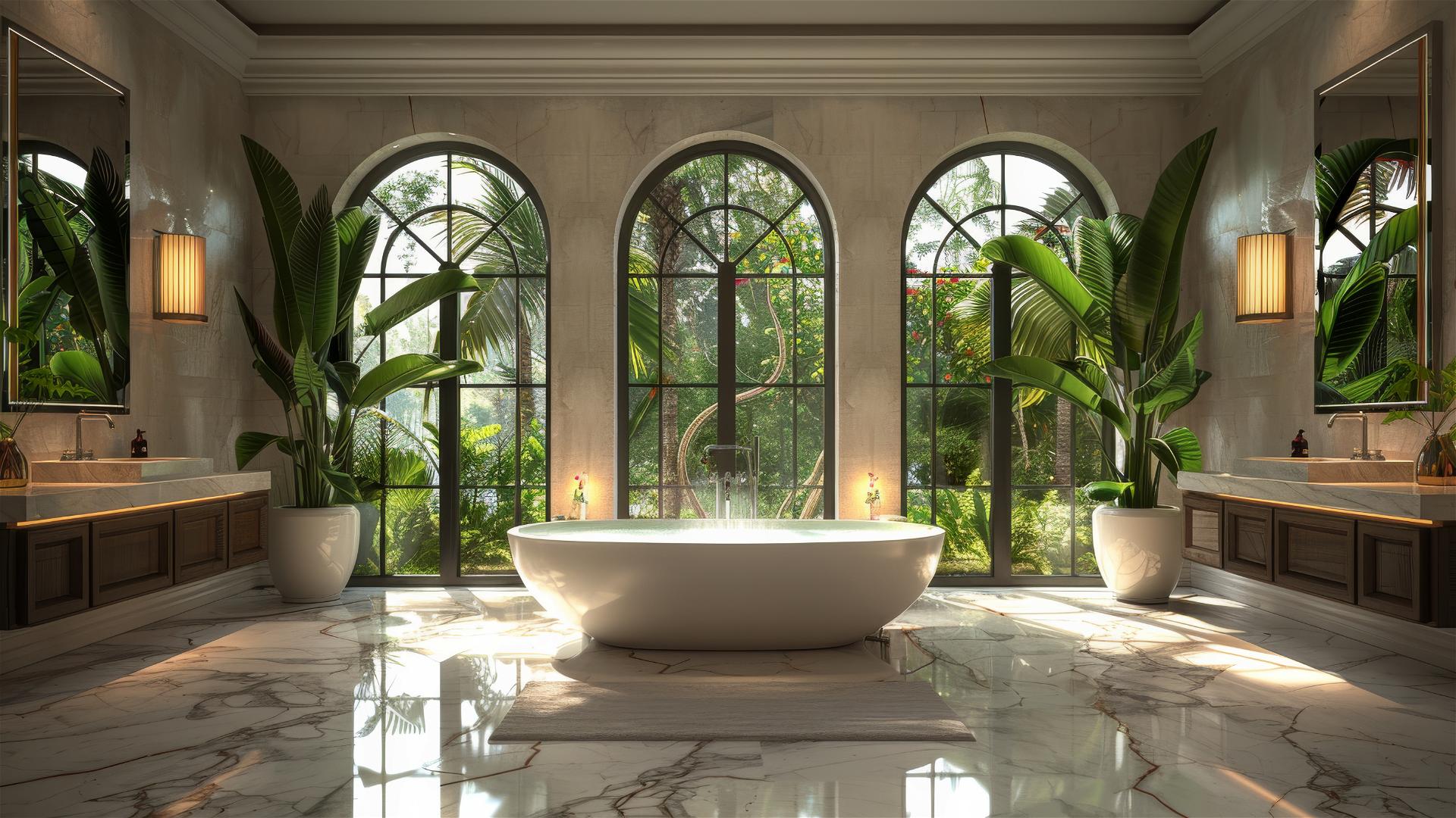 White mansion bathroom, black classical windows, palm trees.