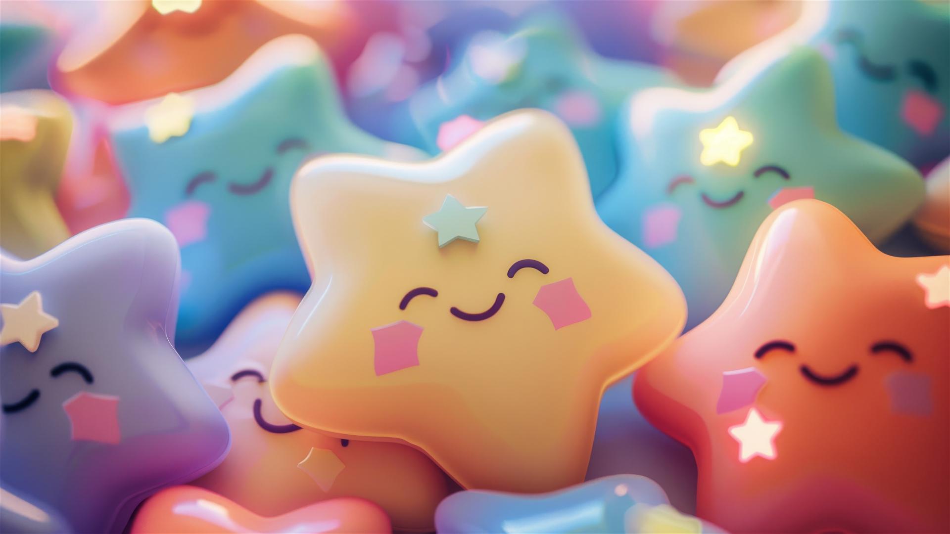 Colorful, fluffy star emoticons filling the screen.