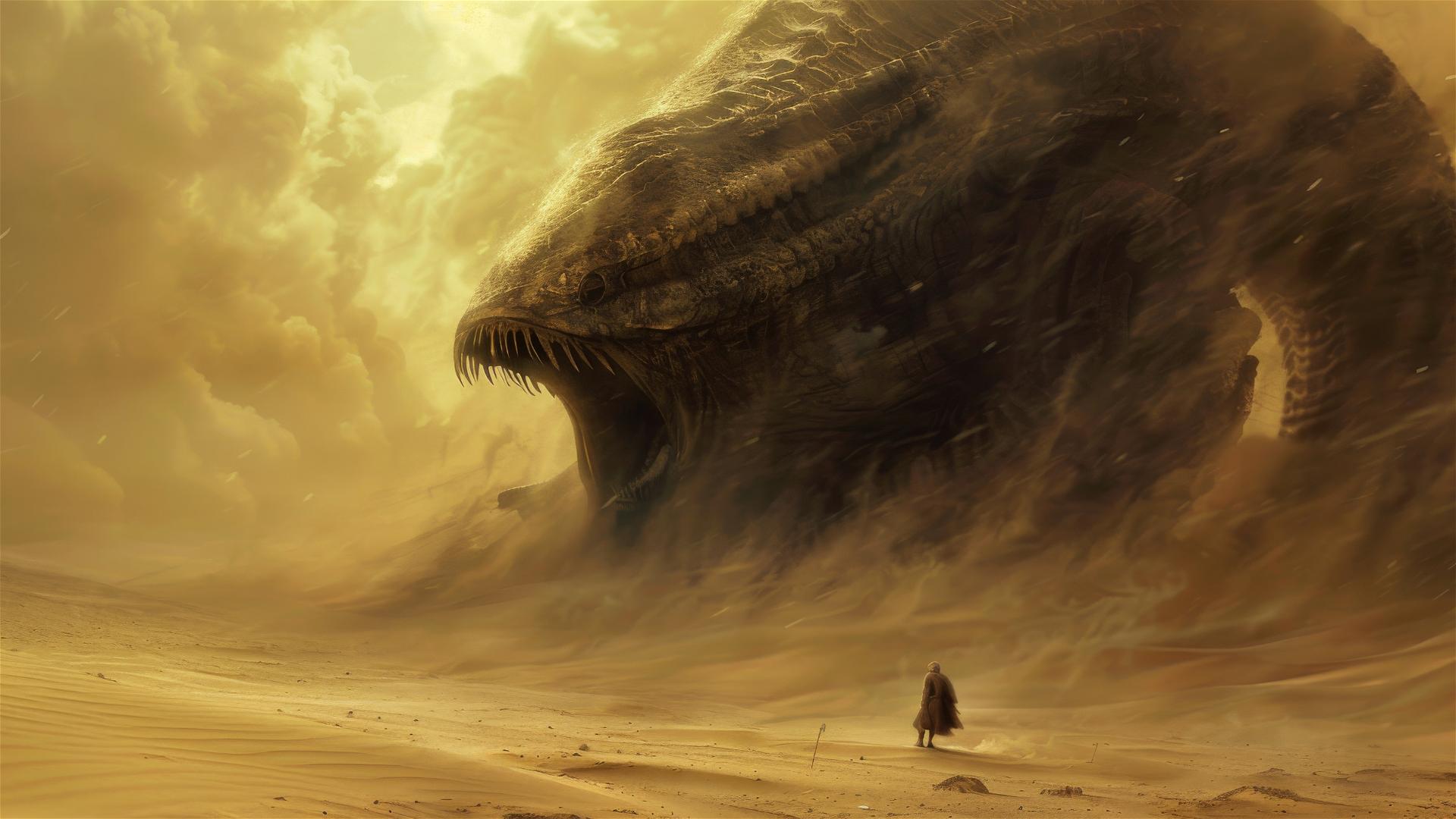Fremen warrior and giant sandworm in a dark desert sandstorm