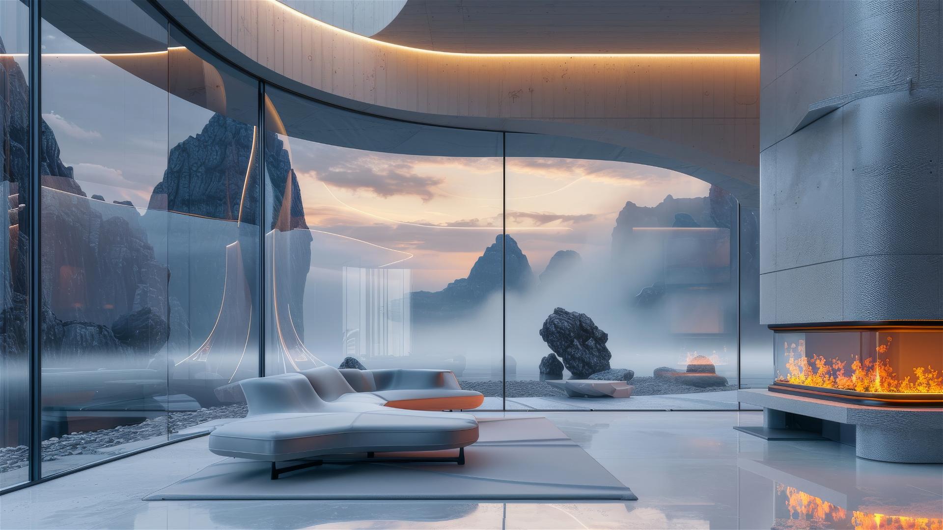 Ultra-modern living room with fireplace and alien landscape view