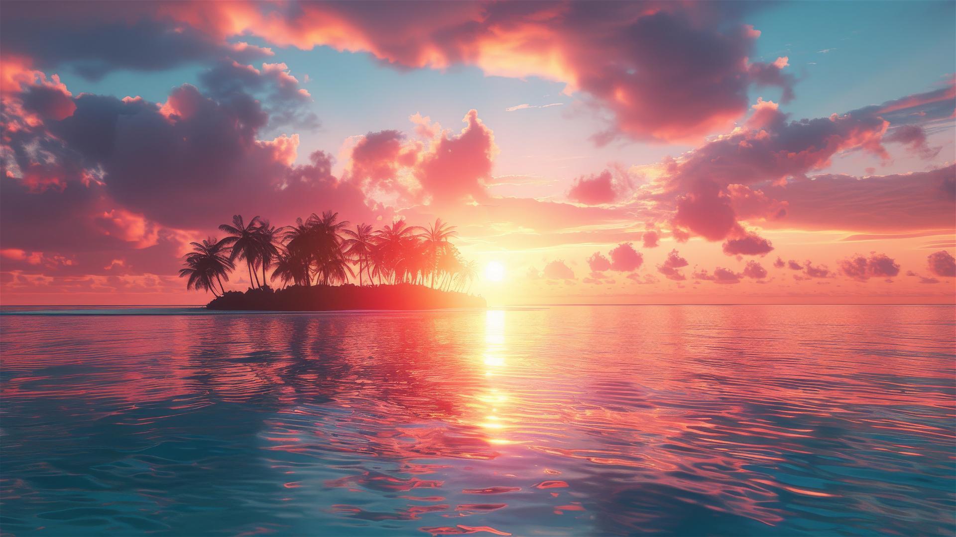 Vibrant sunset with bright colors over Maldives ocean.