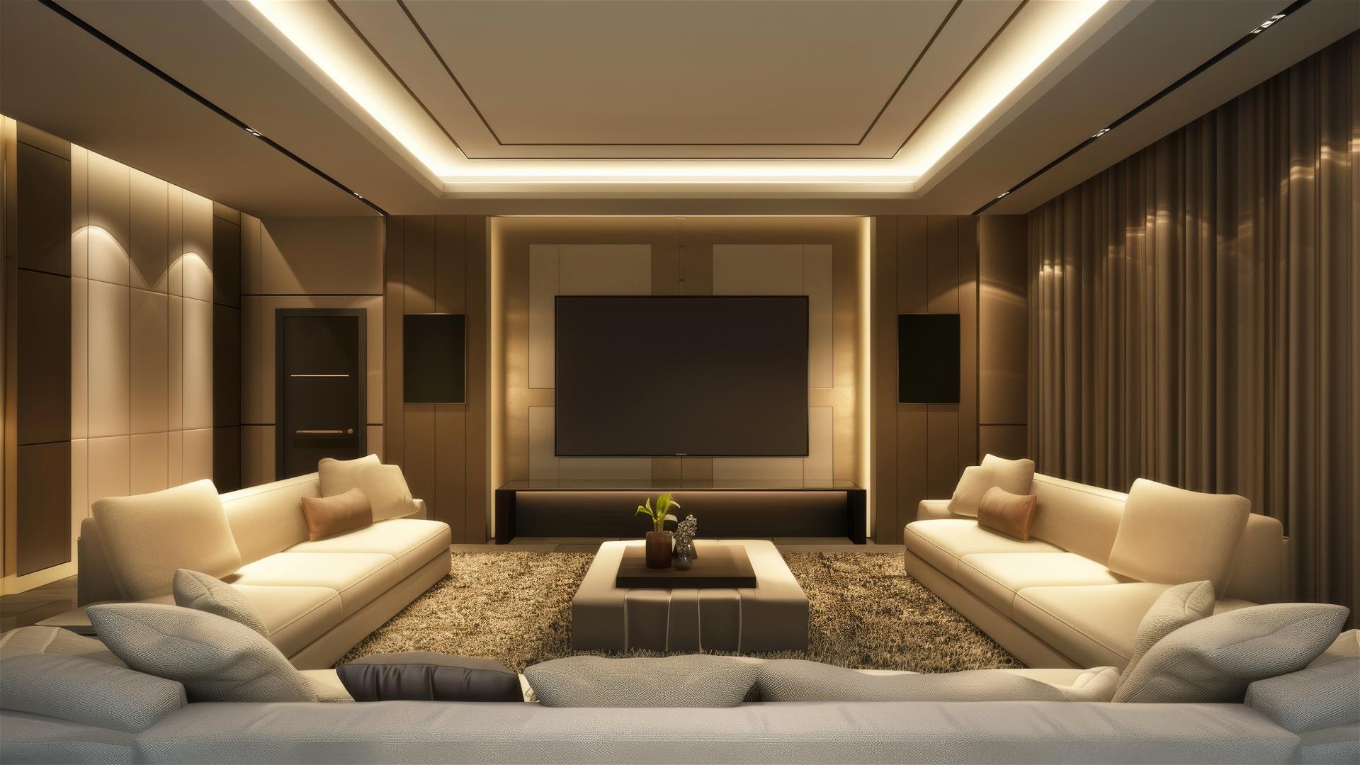 Modern living room with TV on wall, sofas, and carpet.