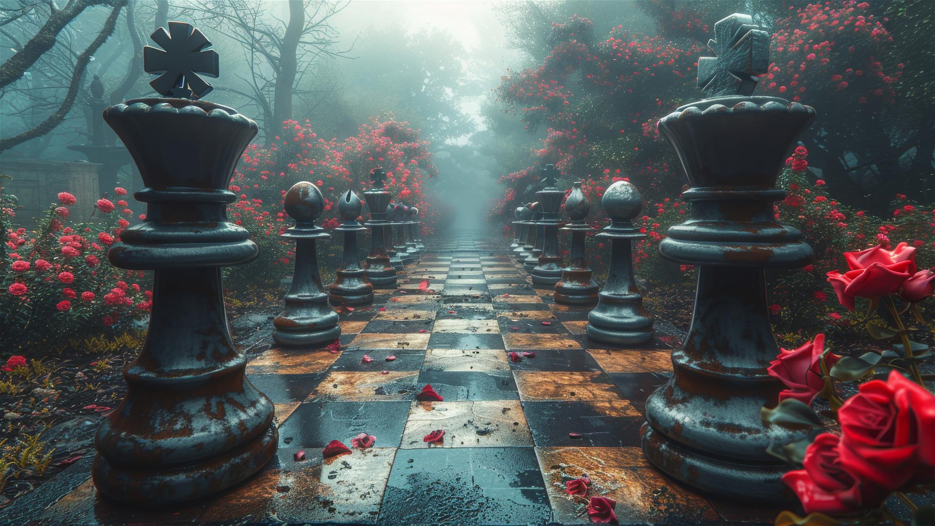 Foggy giant chessboard scene with vibrant gardens and unique flora.