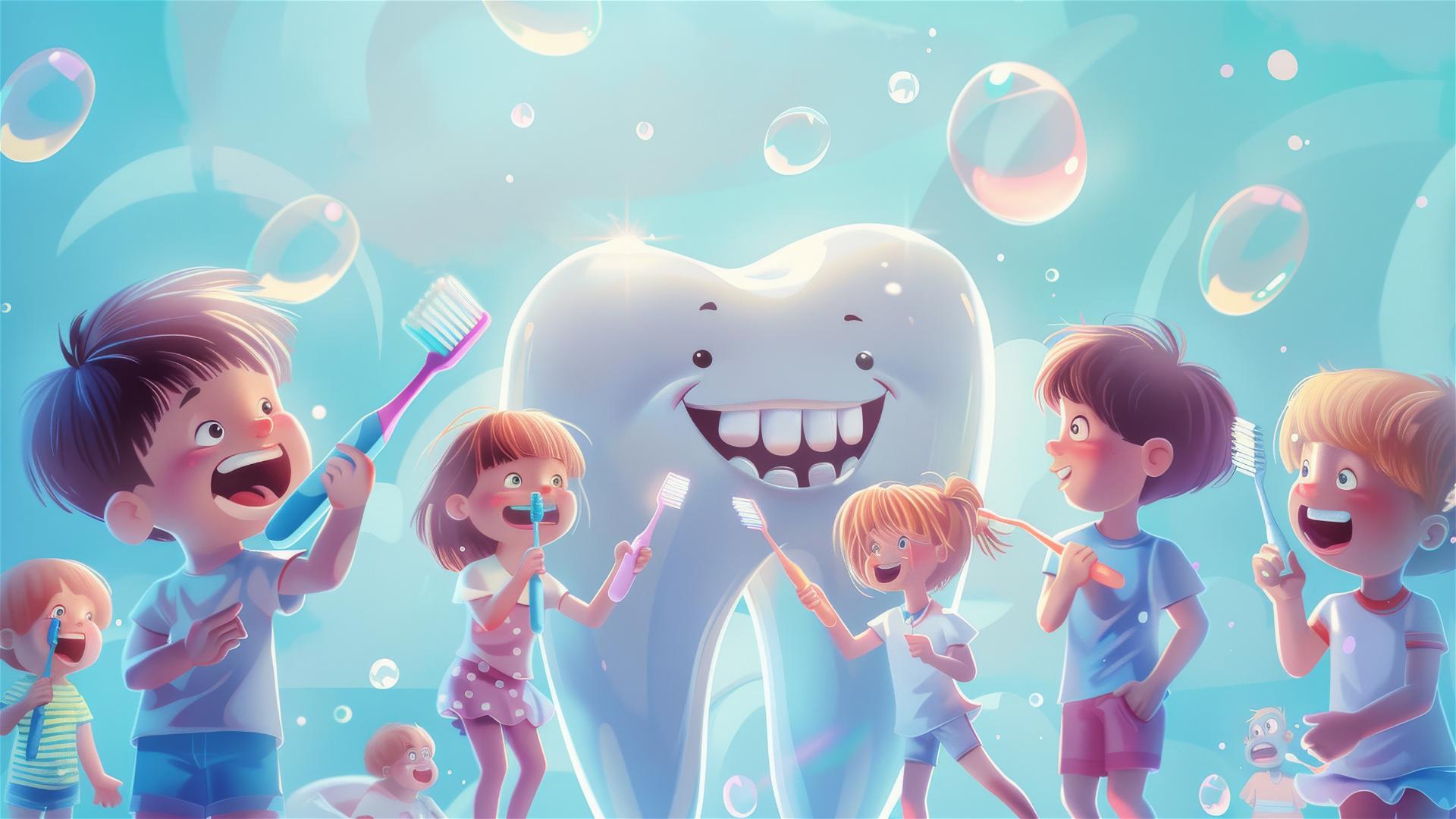 Cartoon of children brushing teeth with a glowing molar, bubbles, and blue background.