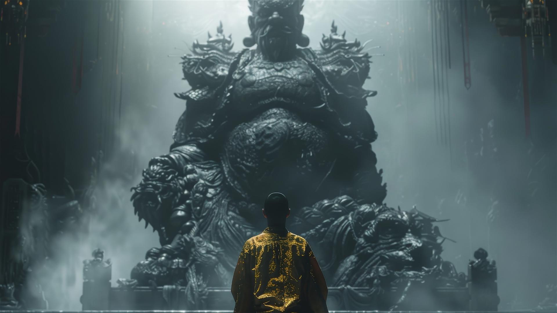 Tai Sui statue in golden armor and monk with aura in misty scene