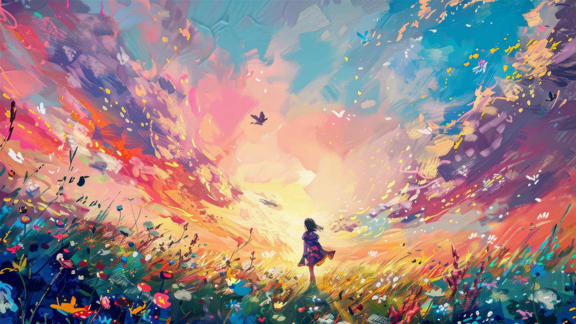 Girl walking among flowers under a pink-blue sky, Van Gogh style