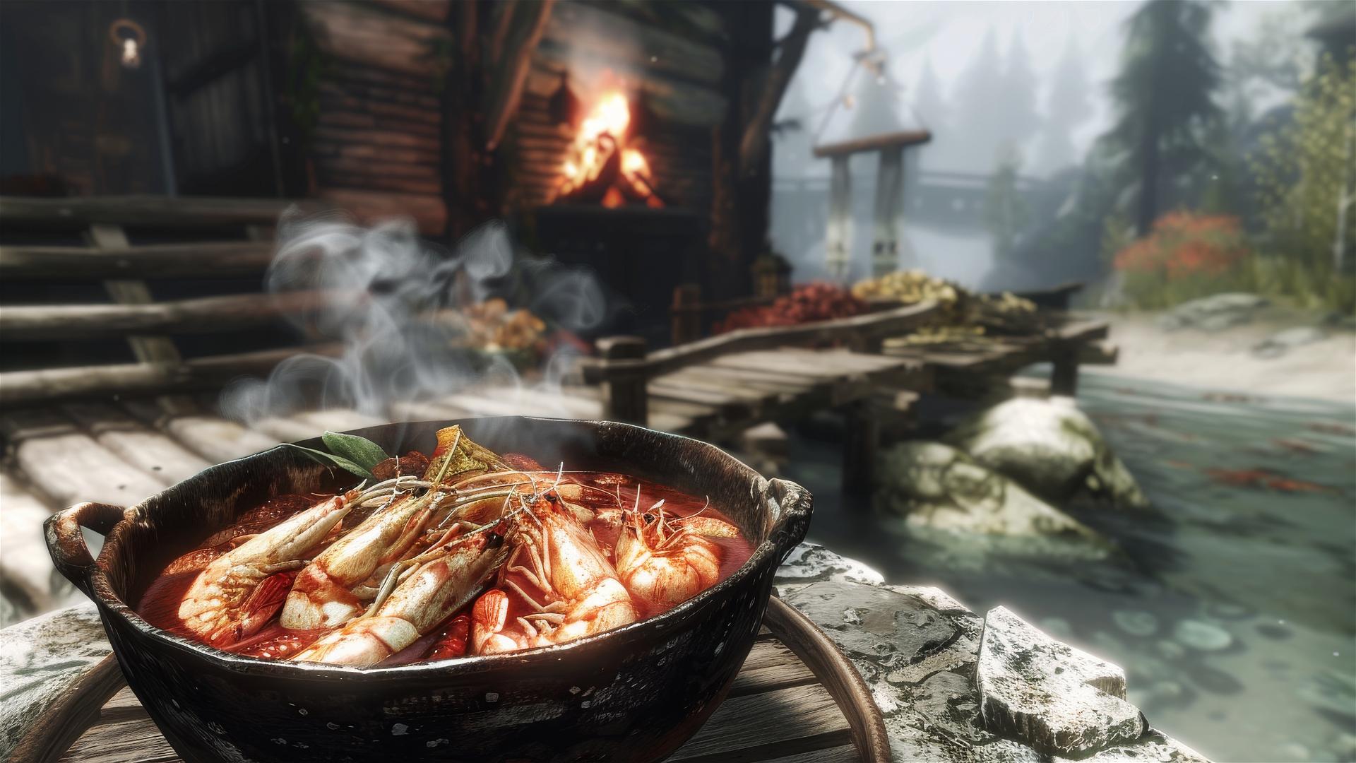 Screenshot of Skyrim gameplay with bouillabaisse dish.
